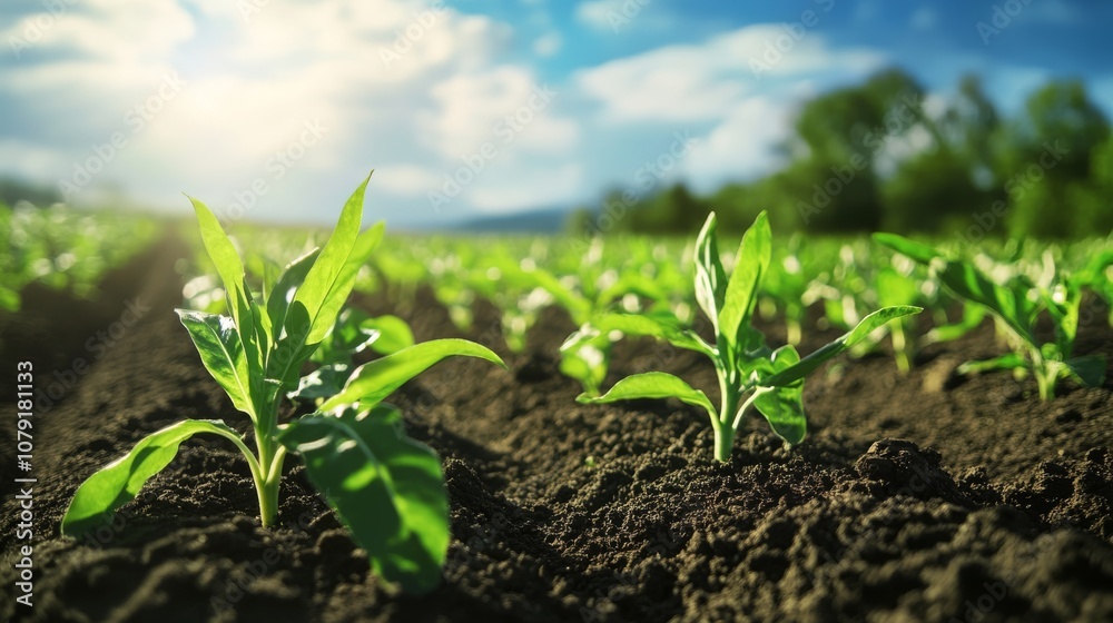 Lush plants rise from fertile soil under a vast blue sky, creating a picturesque backdrop to explore key themes of agriculture and sustainability, highlighting the necessity of nurturing the earth Lush plants rise from fertile soil under a vast blue sky, creating a picturesque backdrop to explore key themes of agriculture and sustainability, highlighting the necessity of nurturing the earth