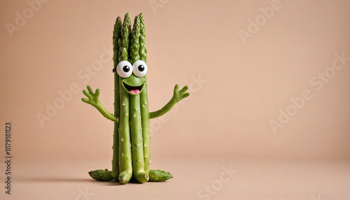 A smiling asparagus with googly eyes waves hello in front of a peach background