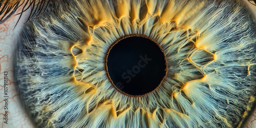 Close-up of a human eye iris with vivid blue and yellow details photo