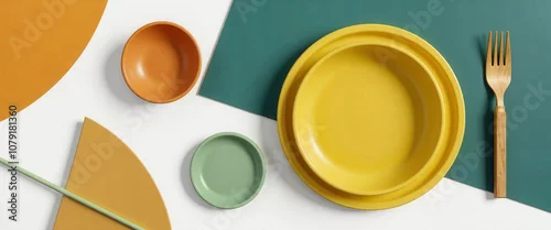 Obraz  z motywem A colorful assortment of plates, bowls, spoons, and forks are laid out on a white background. The variety of colors and shapes creates a lively and cheerful atmosphere, suggesting a fun