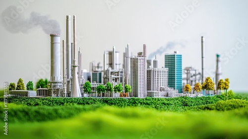 Miniature Industrial Cityscape Surrounded by Greenery: Sustainable Urban Development