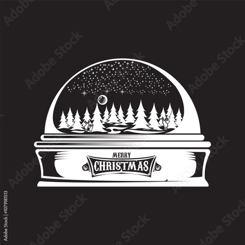 Vector christmas snowball or snow globe silhuette icon with xmas tree, sky, moon, deer and greeting merry christmas text isolated on black background.