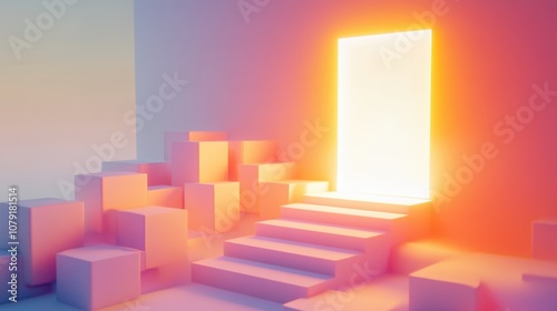 Staircase made of glowing blocks leading up to a bright door, symbolizing progress and opportunity