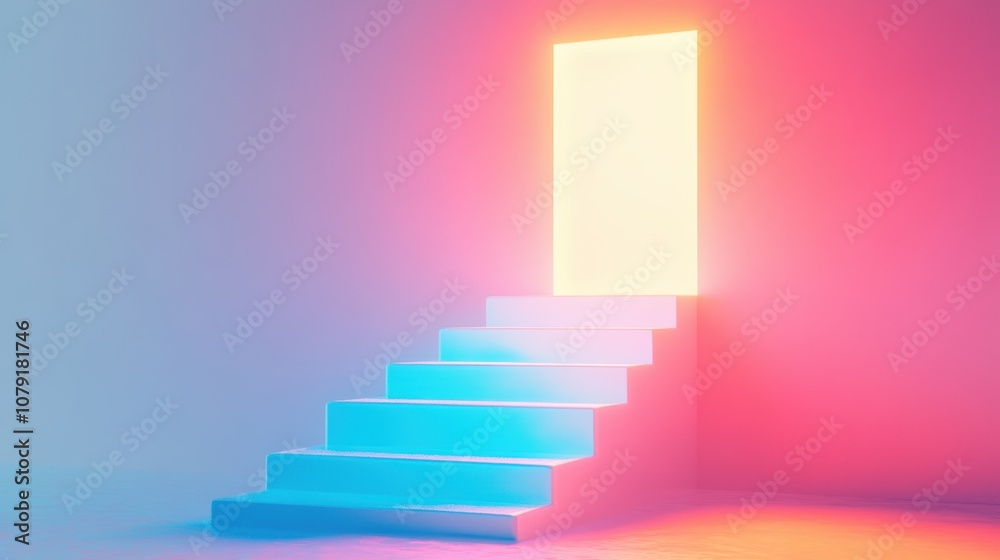 Staircase made of glowing blocks leading up to a bright door, symbolizing progress and opportunity Staircase made of glowing blocks leading up to a bright door, symbolizing progress and opportunity