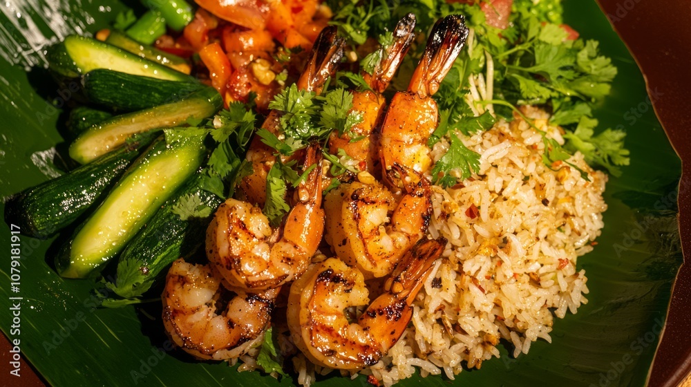 Exquisite Thai Platter on Banana Leaf with Fried Rice, Grilled Shrimp, and Fresh Vegetables - Aerial View with Vibrant Herbs Exquisite Thai Platter on Banana Leaf with Fried Rice, Grilled Shrimp, and Fresh Vegetables - Aerial View with Vibrant Herbs