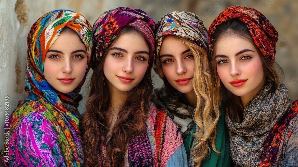 Four Women in Colorful Headscarves and Traditional Attire, Embracing Cultural Diversity Four Women in Colorful Headscarves and Traditional Attire, Embracing Cultural Diversity