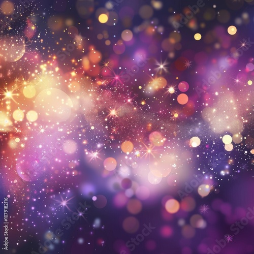 Glittering gradient background with hologram effect and magic lights. Holographic abstract fantasy backdrop with fairy sparkles, gold stars and festive blurs.