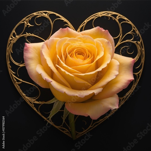 A radiant heart glows in golden yellow and soft rose, suspended in black with swirling light and shadow energy.