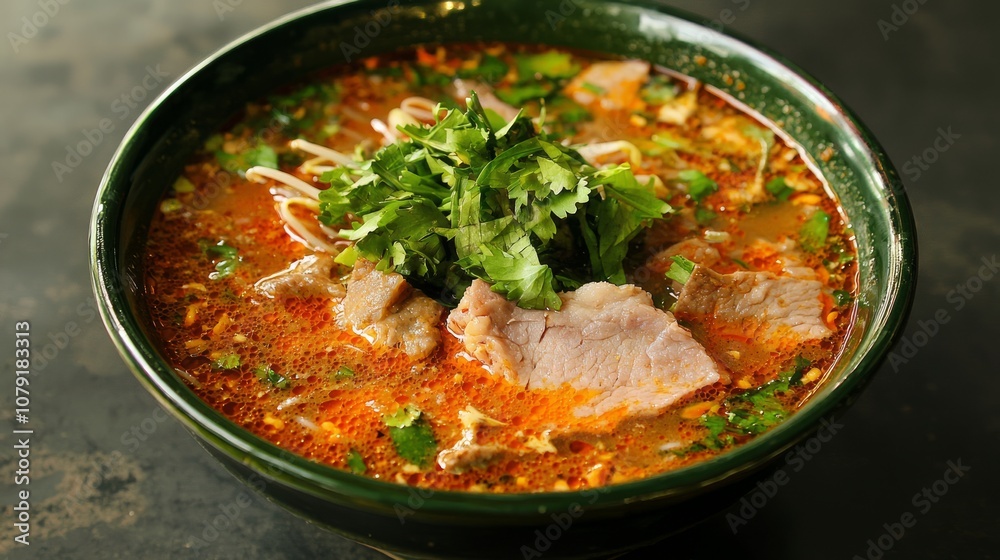 Vibrant Thai Noodle Soup Bowl with Fresh Herbs and Spices on Textured Surface Vibrant Thai Noodle Soup Bowl with Fresh Herbs and Spices on Textured Surface
