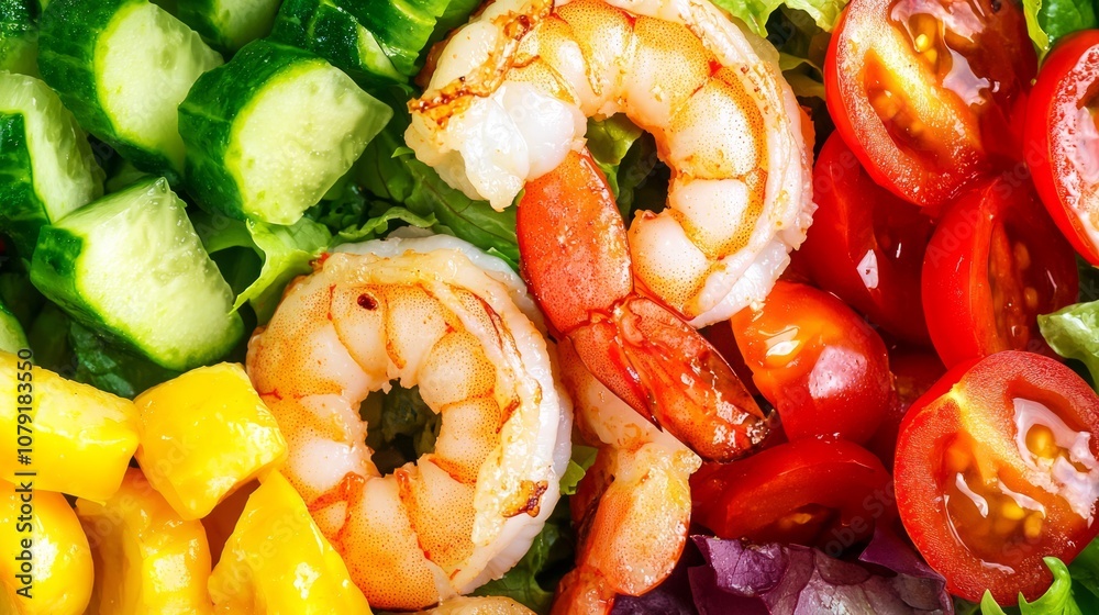 Vibrant Thai Salad with Grilled Shrimp and Colorful Dressing Served in Bowl from Overhead View Vibrant Thai Salad with Grilled Shrimp and Colorful Dressing Served in Bowl from Overhead View