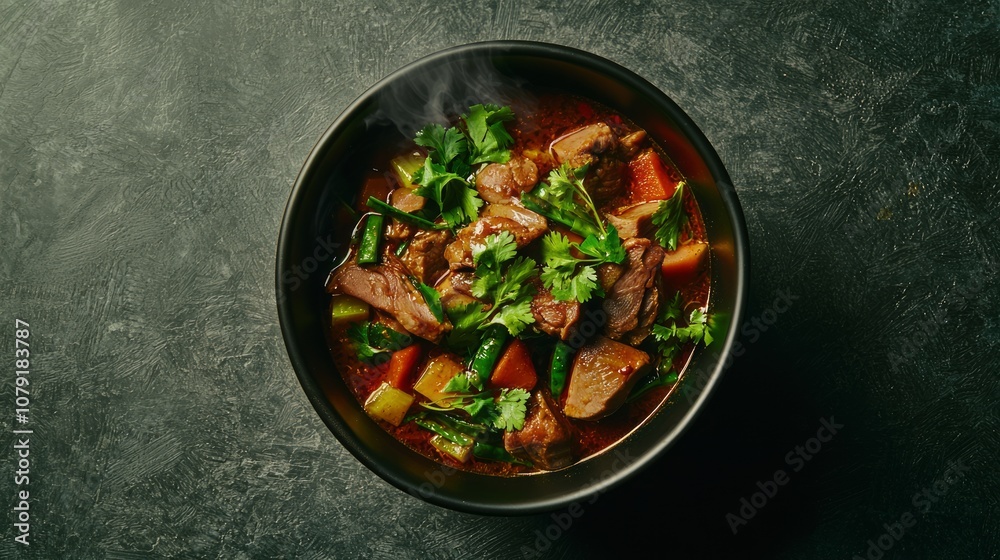 Exquisite Thai Duck Curry Presentation with Steaming Aromas on Textured Table - Food Photography Exquisite Thai Duck Curry Presentation with Steaming Aromas on Textured Table - Food Photography