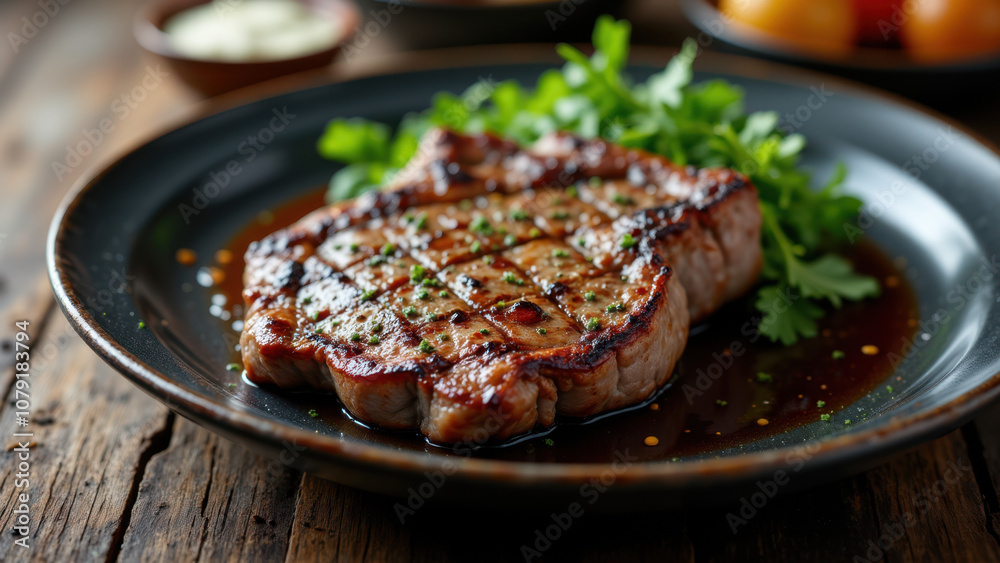 Juicy steak with sauce on a plate, perfect for a carnivorous feast. Juicy steak with sauce on a plate, perfect for a carnivorous feast.
