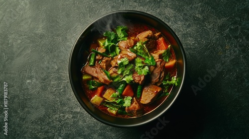 Exquisite Thai Duck Curry Presentation with Steaming Aromas on Textured Table - Food Photography