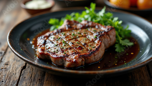 Juicy steak with sauce on a plate, perfect for a carnivorous feast.