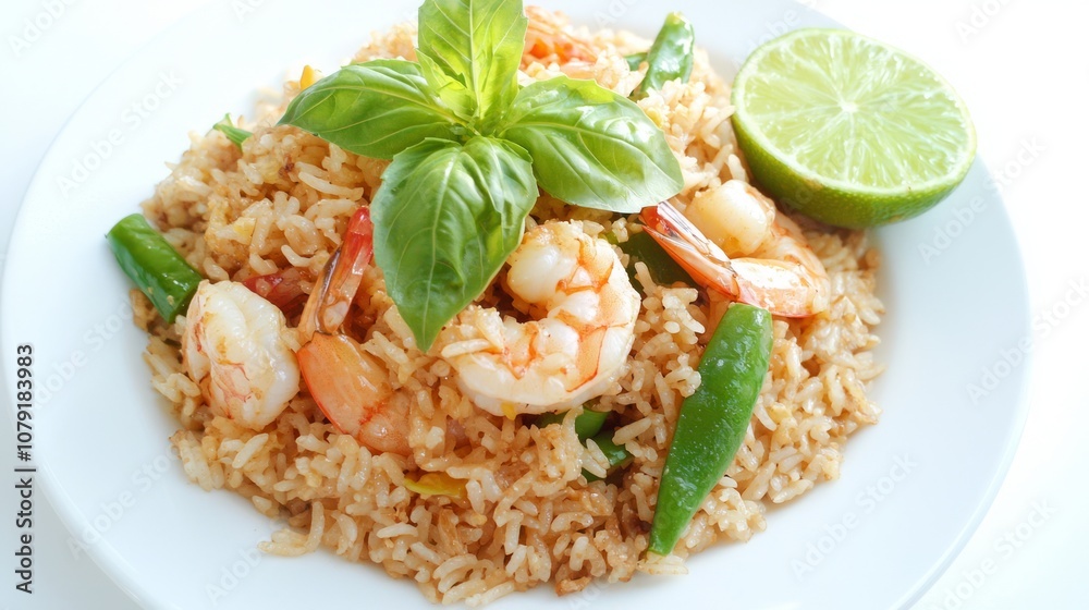Vibrant Thai Basil Fried Rice with Shrimp and Vegetables, Top-Down View showcasing Freshness and Flavor Vibrant Thai Basil Fried Rice with Shrimp and Vegetables, Top-Down View showcasing Freshness and Flavor