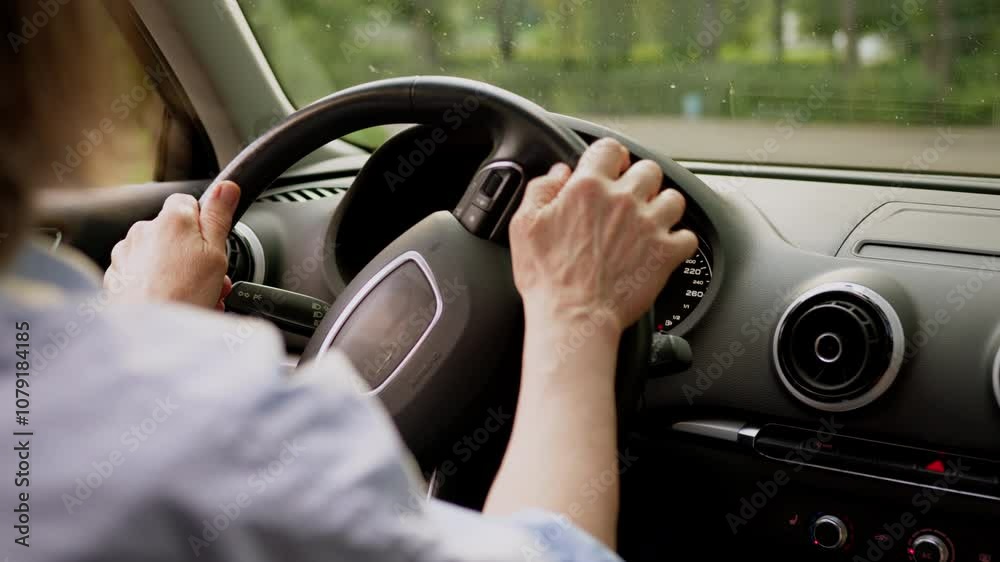 Elderly aged senior Caucasian woman female mature driver owner client grandmother driving automobile steering wheel riding inside car vehicle at city street. Auto rental service insurance dealership Elderly aged senior Caucasian woman female mature driver owner client grandmother driving automobile steering wheel riding inside car vehicle at city street. Auto rental service insurance dealership