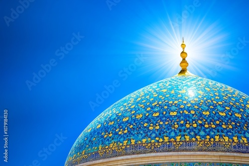 Vibrant Blue Mosque Dome in Sunlit Sky Showing Intricate Pattern and Golden Details photo