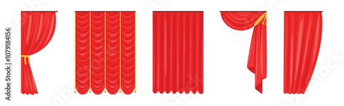 Luxury Scarlet Red Silk Curtains and Draperies Interior or Stage Decoration Vector Set