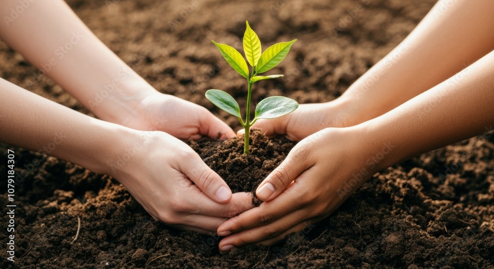 Hands nurturing a young plant in rich soil: symbol of growth and sustainability Hands nurturing a young plant in rich soil: symbol of growth and sustainability