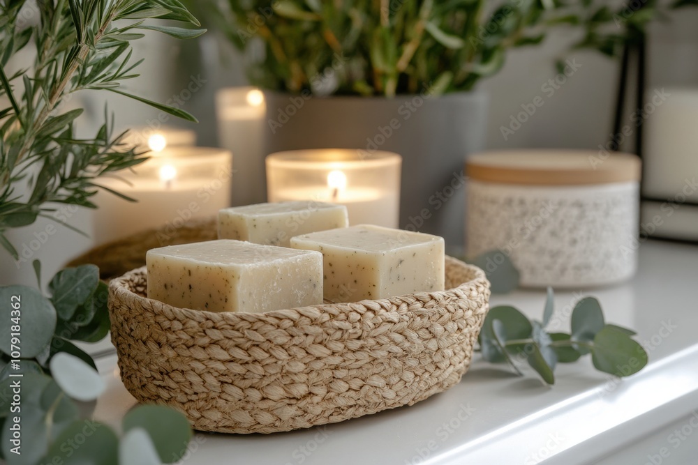 eco-friendly bath products, artisanal soap bars neatly arranged in a weave basket add a touch of elegance to a simple bathroom with eucalyptus and candles eco-friendly bath products, artisanal soap bars neatly arranged in a weave basket add a touch of elegance to a simple bathroom with eucalyptus and candles