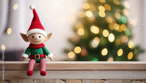 A cute elf toy sitting on a shelf, with a softly blurred Christmas tree in the background, creating a warm and festive atmosphere perfect for the holiday season