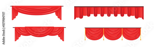 Luxury Scarlet Red Silk Curtains and Draperies Interior or Stage Decoration Vector Set
