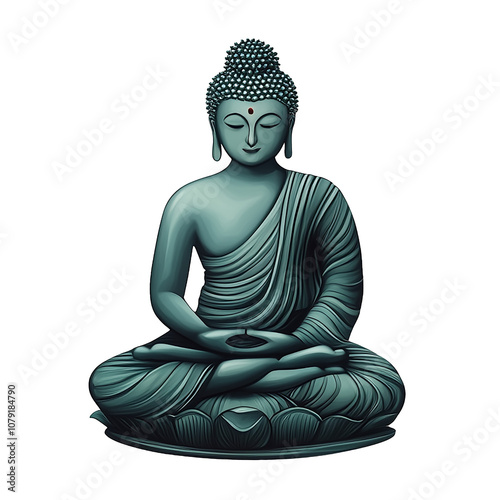 Serene digital illustration of a seated Buddha figure in a meditative pose, showcasing intricate details and calming colors over transparent background