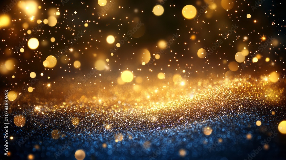 Obraz premium Blurred bokeh light on dark blue background. Christmas and New Year holidays template. Abstract glitter defocused blinking stars and sparks