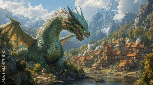 Giant green dragon near riverside village surrounded by mountains