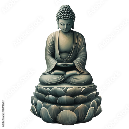 Calming digital illustration of a seated Buddha on a lotus pedestal, radiating tranquility and inner peace over transparent background photo