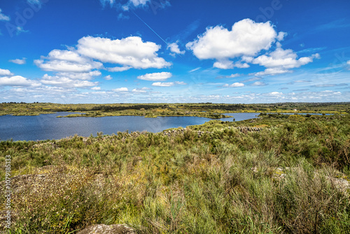 Spring nature, lake landscape. Povoa e Meadas Dam in Castelo de Vide, Alentejo Portugal.