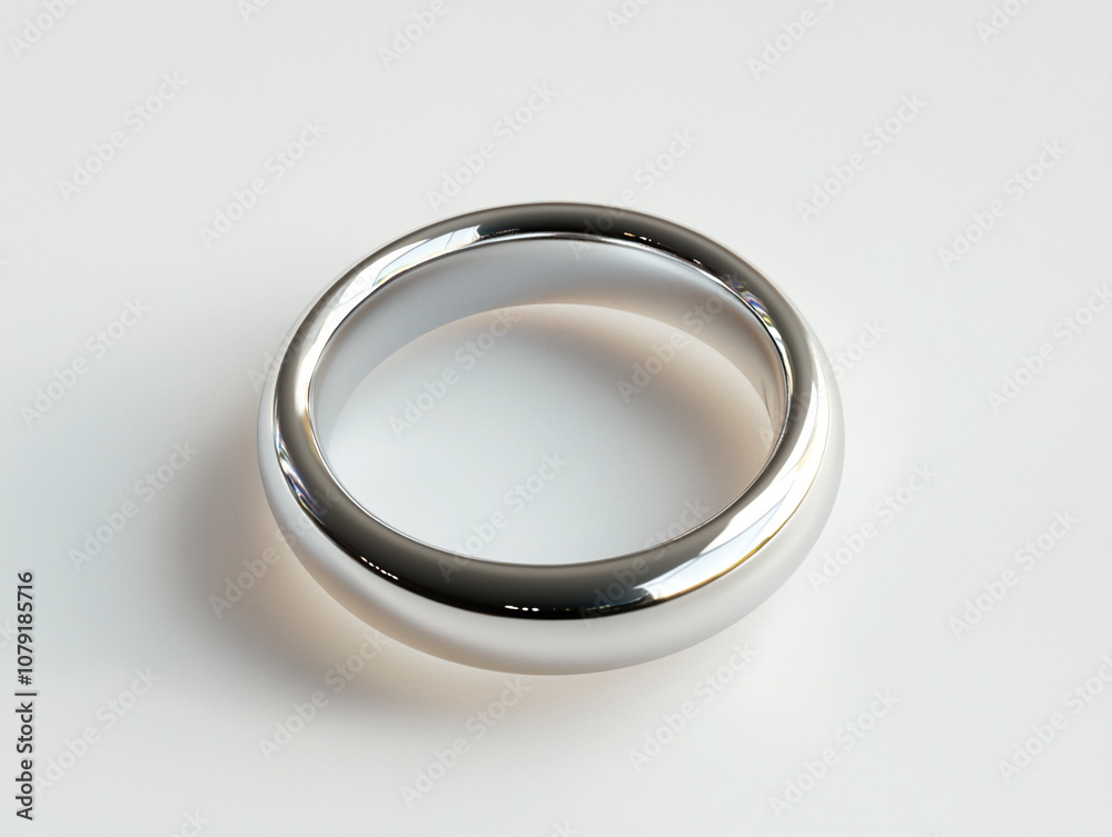 Fototapeta premium A close-up view of a simple, silver ring lying on a white surface. The ring is smooth and shiny, with a rounded profile