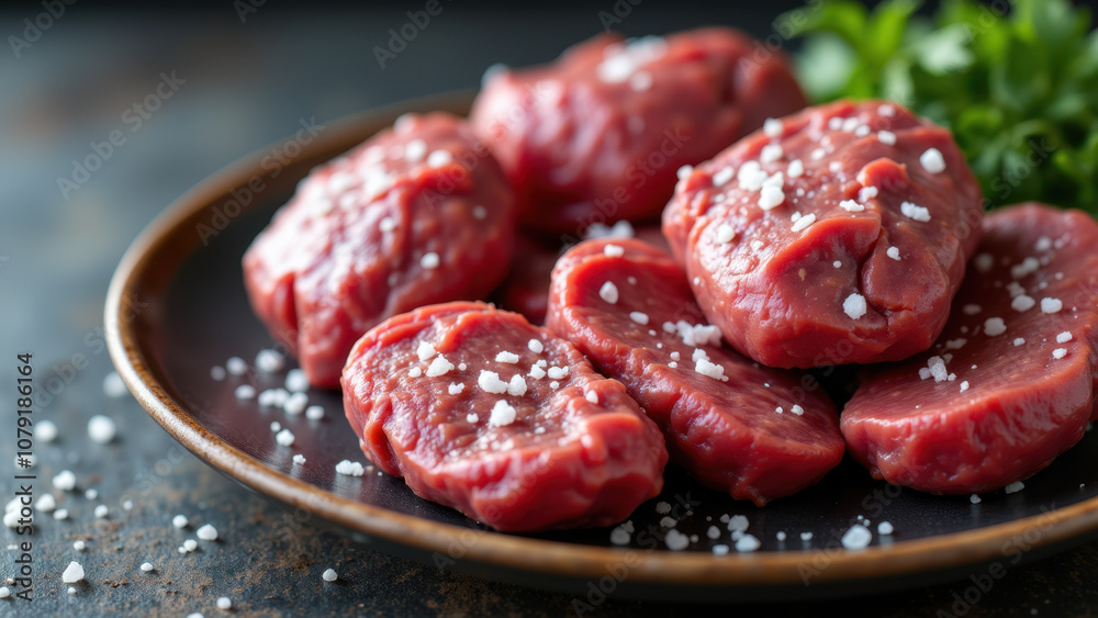 Raw meat patties on a plate with black pepper for seasoning, ready to be cooked. Raw meat patties on a plate with black pepper for seasoning, ready to be cooked.