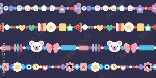 Seamless pattern of plastic beads bracelets. Y2k friendship accessories background with bear, balloon, butterfly, flower, star, bff, magic. Vector print