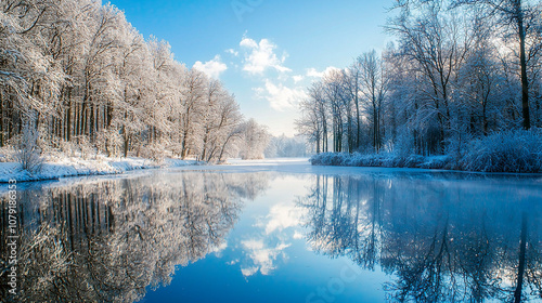 Winter morning tranquility with frosted trees and a still lake at dawn with clear reflection