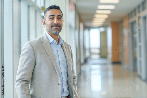 Portrait of a Confident Middle Eastern Man in Corporate Casual Attire at Office Hallway photo