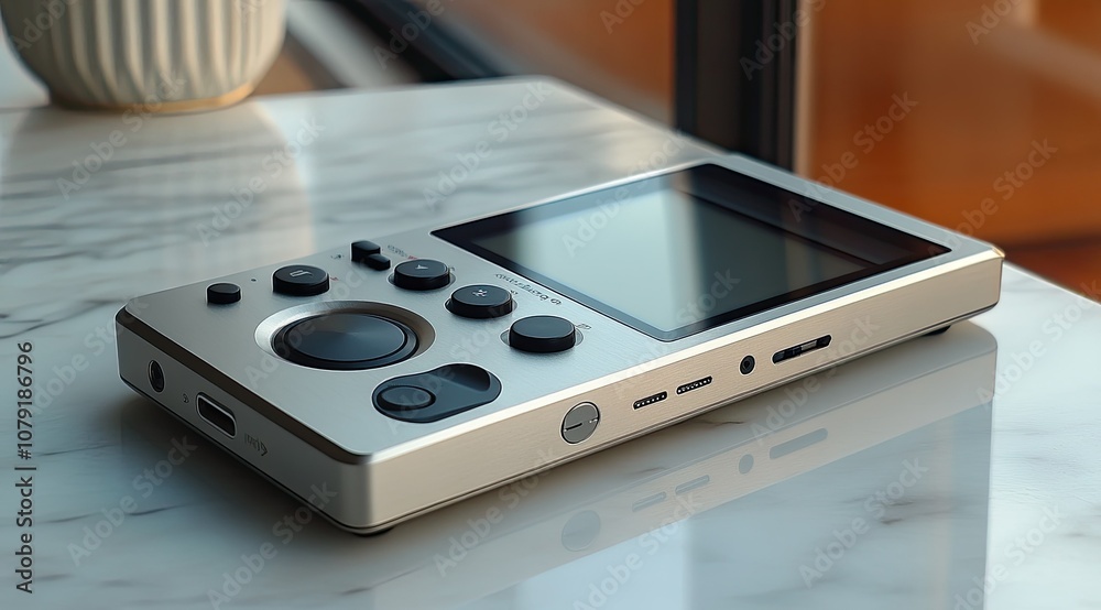 Fototapeta premium A silver music player with a screen, buttons, and a knob sits on a white marble surface.