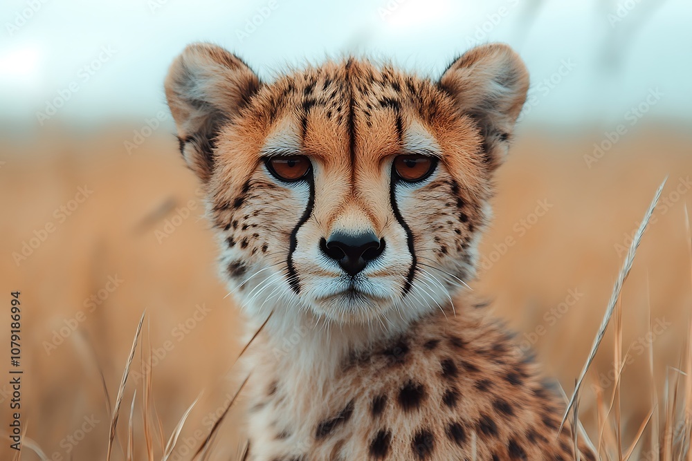 Young Cheetah Cub Gazing with Intense Eyes in Grassy Field Young Cheetah Cub Gazing with Intense Eyes in Grassy Field