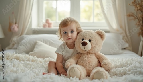 Cute Baby Sitting on Bed with Large Teddy Bear in Cozy Bedroom