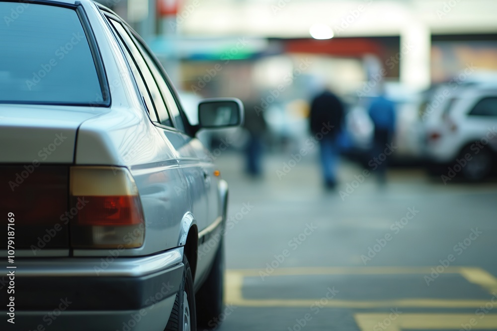 Side view of car in parking lot with blurred background Side view of car in parking lot with blurred background