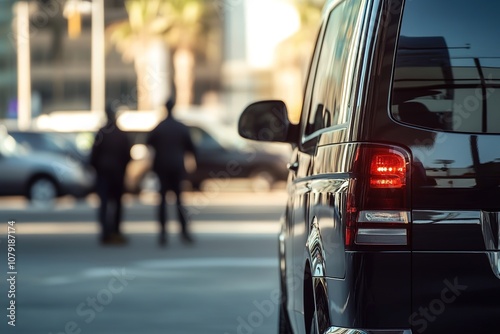 Black car with tail light on in a city setting