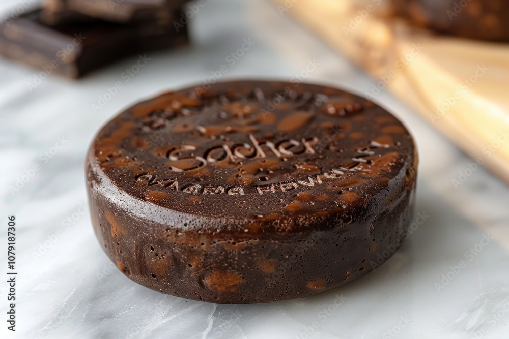 Sacher - Torte Day. A close-up shot of a chocolate Sacher disc with the classic Sacher - Torte Day. A close-up shot of a chocolate Sacher disc with the classic