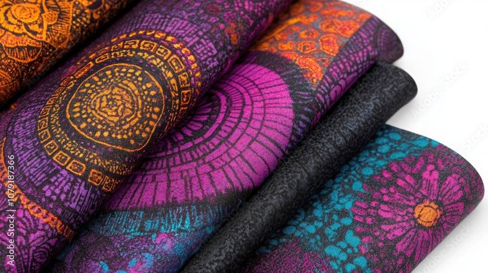 Vibrant Fabric Textiles with Intricate Patterns in Rich Colors of Orange, Purple, Black, and Teal Ideal for Fashion or Interior Design Projects Vibrant Fabric Textiles with Intricate Patterns in Rich Colors of Orange, Purple, Black, and Teal Ideal for Fashion or Interior Design Projects