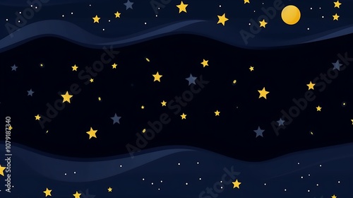 Night sky with yellow and blue stars and a full moon