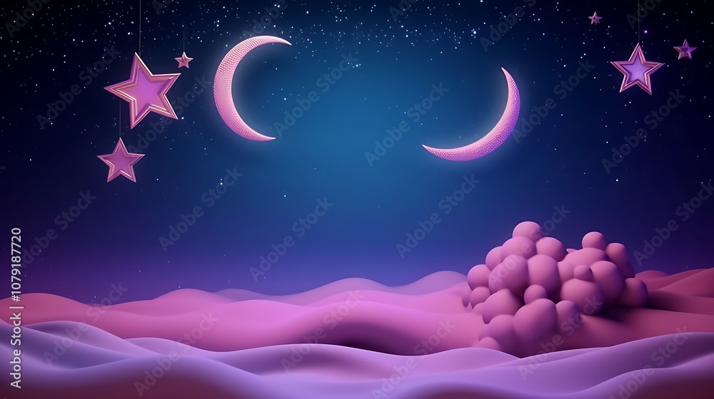 Fototapeta premium Pink Crescent Moon and Stars over a Purple Landscape