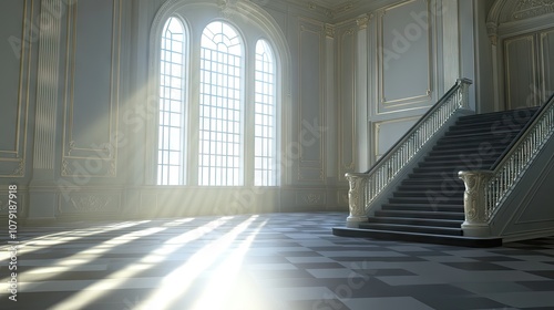 Serene Grand Entrance Hall with Dramatic Light Beams Streaming Through Elegant Windows and Luxurious Staircase Leading to Upper Floors