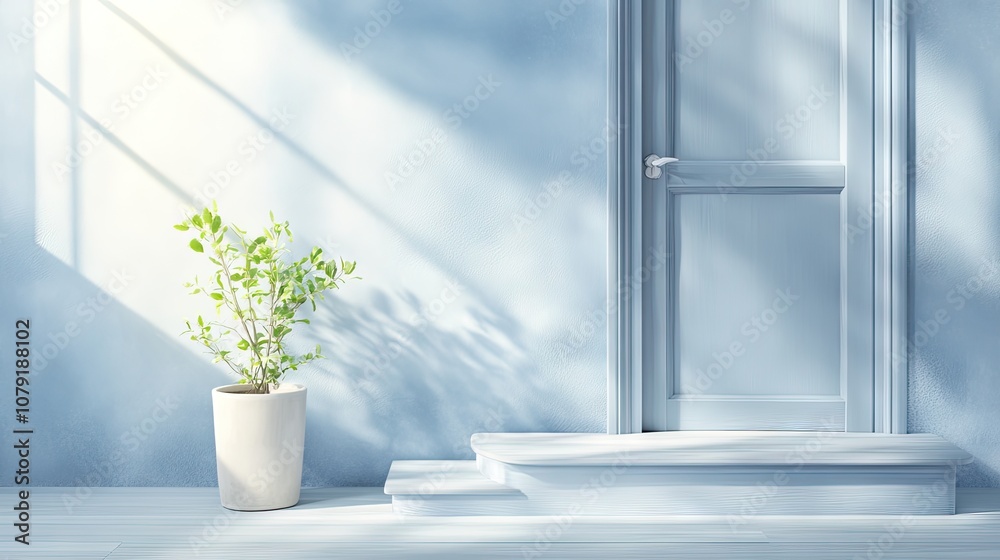Light and Shadow Play in Soft Blue Interior with Potted Plant by Doorway Featuring Tranquil Atmosphere and Serene Color Palette for Home Decor Inspiration Light and Shadow Play in Soft Blue Interior with Potted Plant by Doorway Featuring Tranquil Atmosphere and Serene Color Palette for Home Decor Inspiration