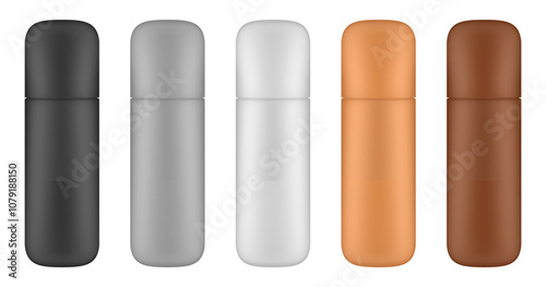 Set of cosmetic bottles for lotion or body milk. Brown, bronze, white, gray and black bottles. Cream, shampoo, shower gel or body lotion