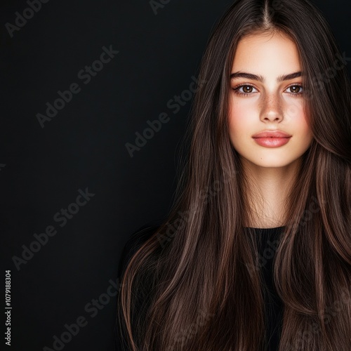 Young woman with long hair posing against a dark background indoors