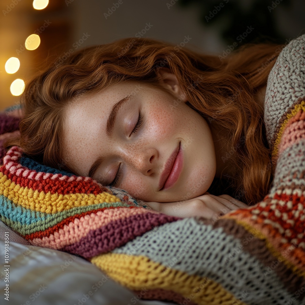 Cozy girl peacefully sleeping with a colorful blanket in a warm room Cozy girl peacefully sleeping with a colorful blanket in a warm room